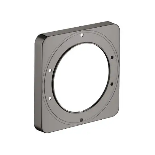 Schwarze Verblendung mit runder, offener Mitte und mehreren Befestigungslöchern, hergestellt von Hansgrohe.